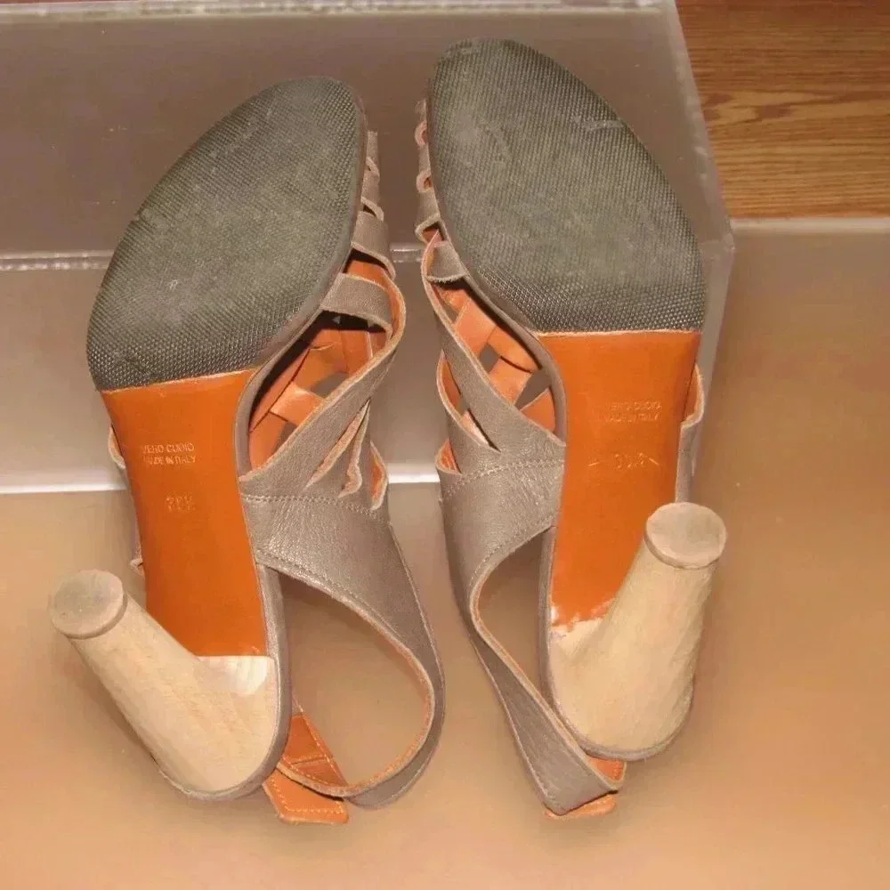 LANVIN Strappy Leather Brown Wooden Heels Sandals